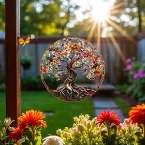 Tree of Life Suncatcher 9" Acrylic Stained Glass Autumn Flowers